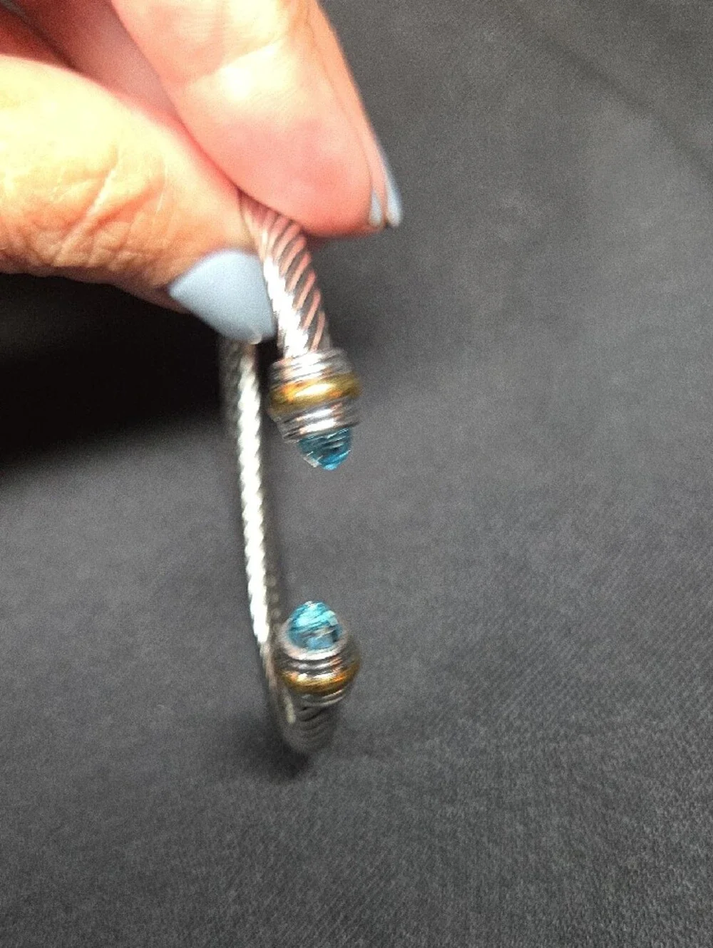 (Blue) Twisted Cable Cuff Bracelet with Crystal End Caps